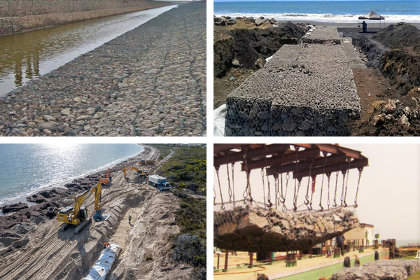 Hạ thấp rọ đá bằng cần cẩu khi thi công dưới nước đòi hỏi sự chuẩn bị kỹ lưỡng về thiết bị và vật liệu